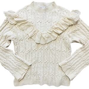 NWT ZARA Eyelet Ruffled Cable Knit Bobble Sweater in Cream SZ S